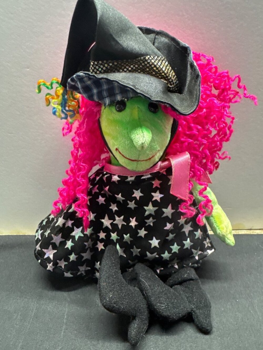 Ty Scary The Witch 2001 Beanie Baby Plush Doll With Pink Hair & Star Dress